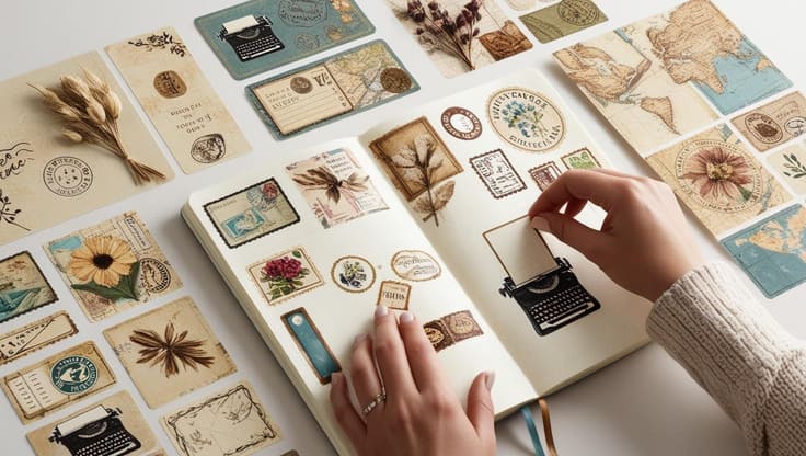 cartela de adesivos vintage para bullet journal