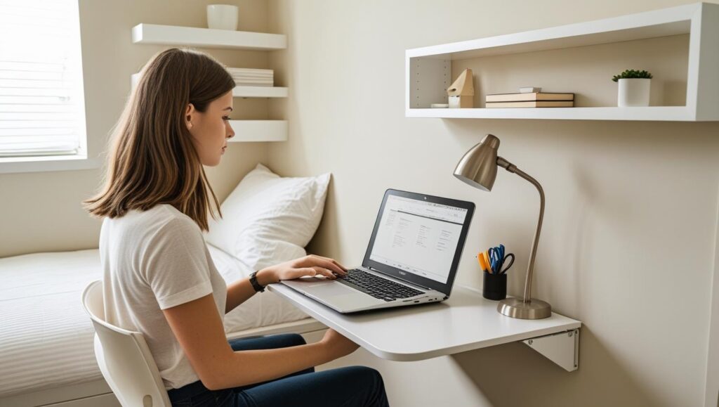 mesa de trabalho pequena e retrátil para escritório pequeno no quarto